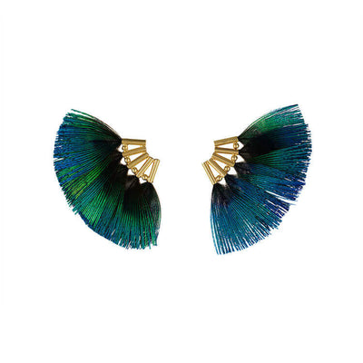 Boucles d'oreilles créateur de bijoux fantaisie Stalactite Paris. Boucles d'oreilles puces Paon Bleu dorées à l'or fin